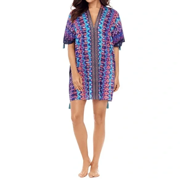 Miraclesuit Bella Alba Cotton Caftan Cover-Up in Midnight Blue (M) - Picture 2 of 14